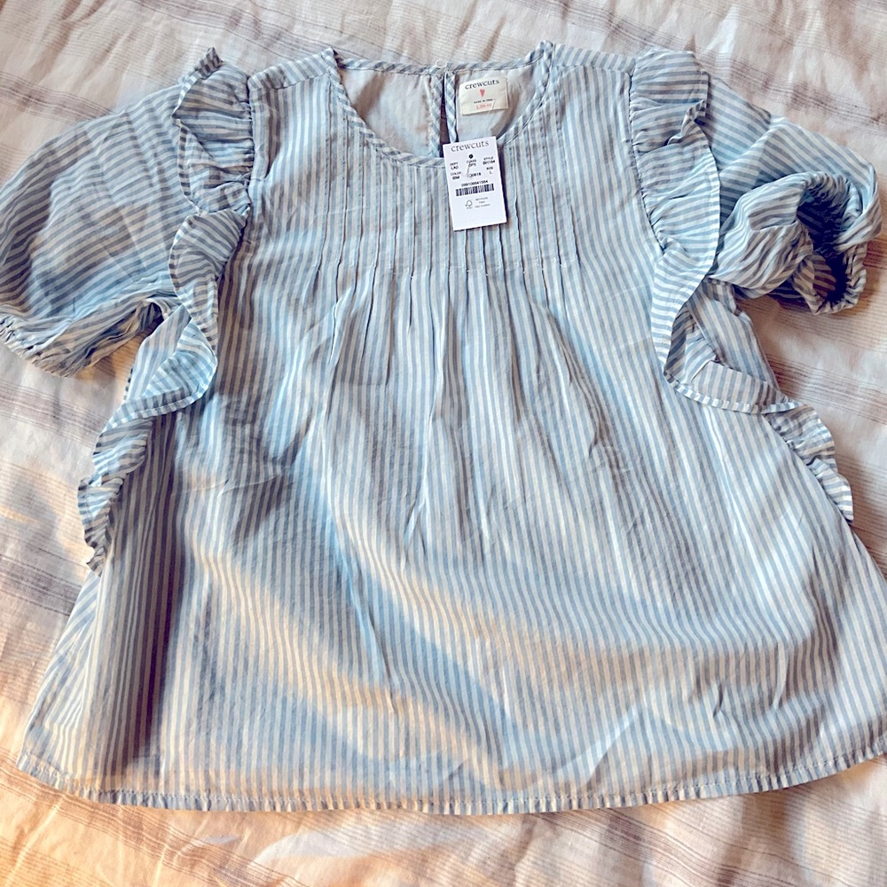 NWT Girls Blue and White Stripped Pintuck Puffy Sleeve Shirt Size L